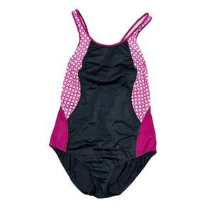 Lands' End Women's Swimsuit One Piece Cross Back Black Magenta Size 16